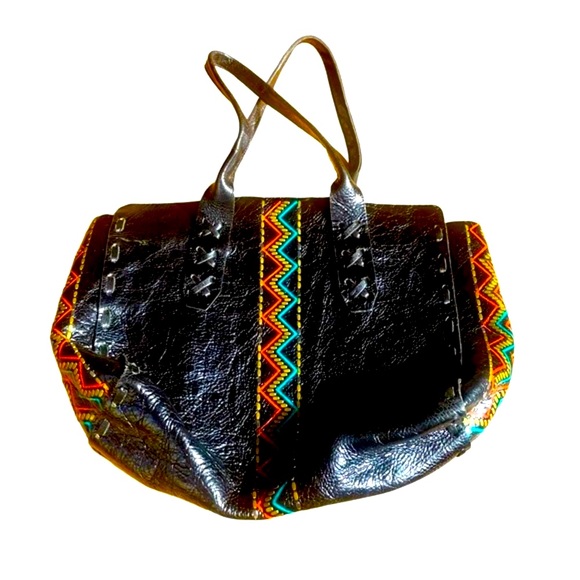 Calleen Cordero Colorful Leather Painted Tribal Tote Bag with studding - Picture 1 of 16
